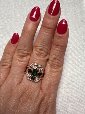 Gold Ring with Emerald Green Stones and Pavé Halo